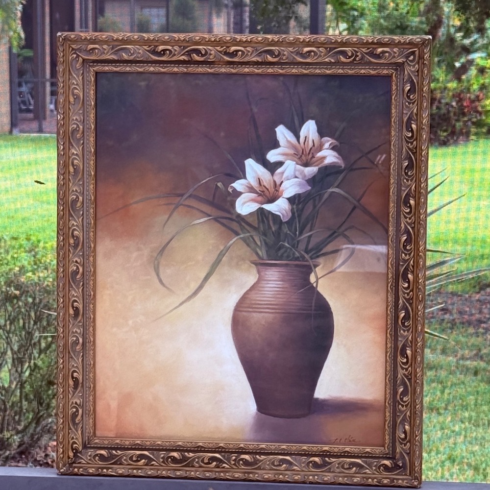 T. L. Chiu Floral Still Life Framed Print White Lilies in Vase Gold Ornate Frame